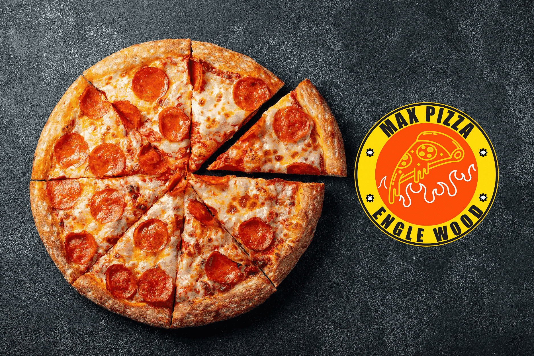 Pepperoni pizza with one slice removed, next to Mak Pizza Engle Wood logo.